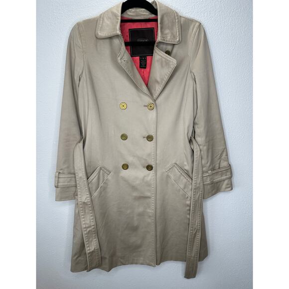 Coach Tan Double Breasted Tie Belt Trench Coat Gold Buttons Small - Picture 1 of 16